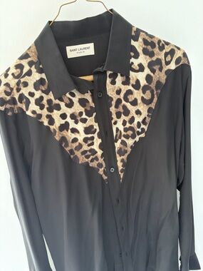 Saint Laurent Black and Tan Leopard Silk-Blend Shirt